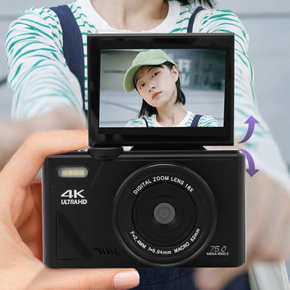 Digital Camera 5K 75MP Travel HD 18X Zoom Retro Autofocus Mirrorless Flip Screen 3 Inch for Adults Beginners (Black)