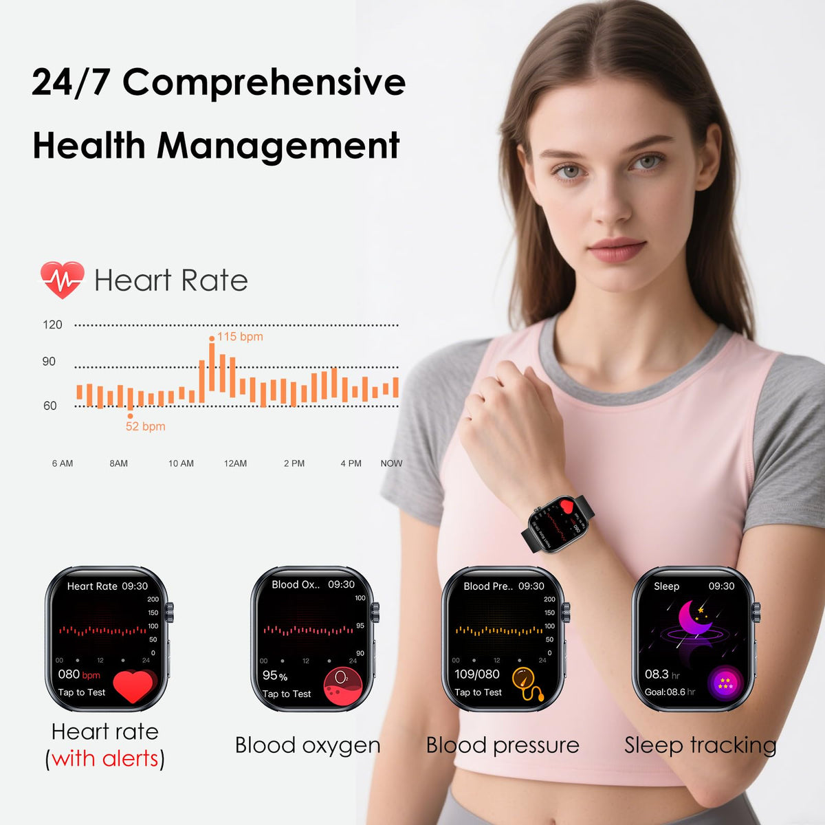 YUPENG Smart Watch for Men Women BMI, 1.95" AMOLED Screen Fitness Smartwatch with Bluetooth Calls, Body Temperature/Sleep Monitor/SpO2/SOS for Android iOS
