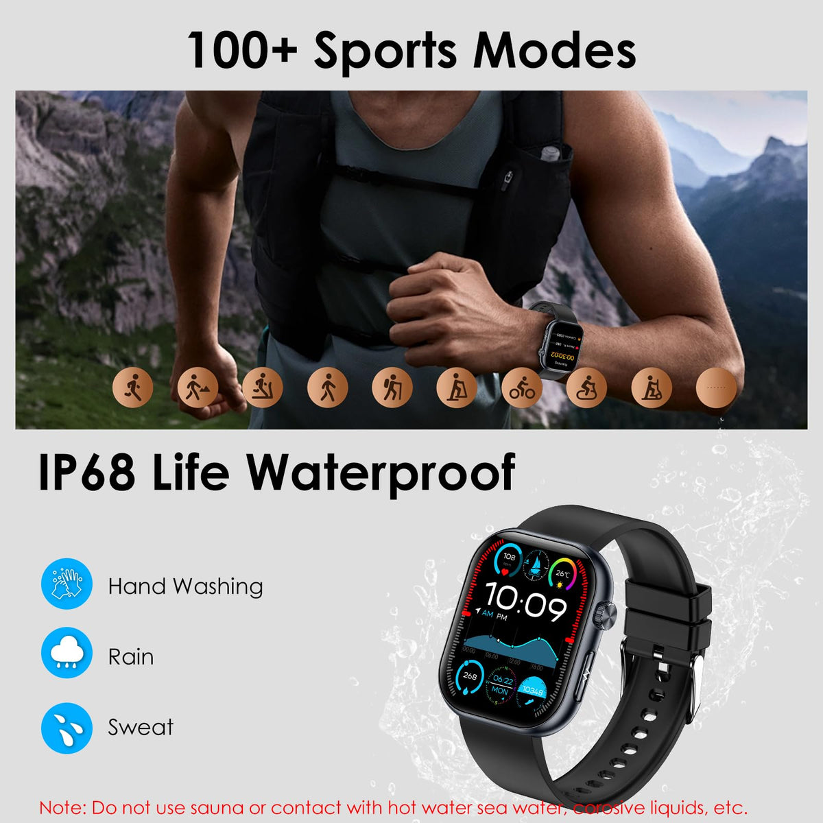 YUPENG Smart Watch for Men Women BMI, 1.95" AMOLED Screen Fitness Smartwatch with Bluetooth Calls, Body Temperature/Sleep Monitor/SpO2/SOS for Android iOS