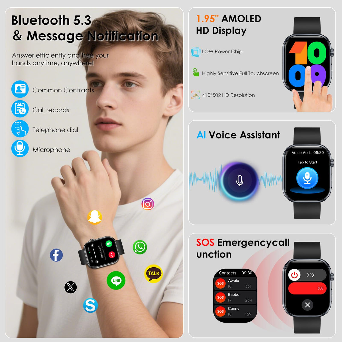 YUPENG Smart Watch for Men Women BMI, 1.95" AMOLED Screen Fitness Smartwatch with Bluetooth Calls, Body Temperature/Sleep Monitor/SpO2/SOS for Android iOS