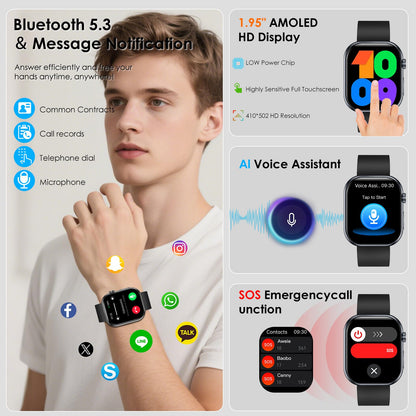YUPENG Smart Watch for Men Women BMI, 1.95" AMOLED Screen Fitness Smartwatch with Bluetooth Calls, Body Temperature/Sleep Monitor/SpO2/SOS for Android iOS