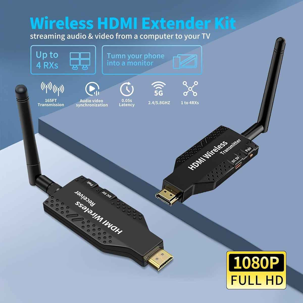 atdaraz Wireless HDMI Transmitter and Receiver, 165ft Range, Plug and Play, Support 2.4/5GHz 1080P Streaming Audio Video from Laptops, PC, TV Box, Cameras to TVs/Projectors.