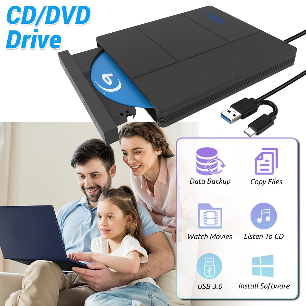 External Blu-ray Drive with USB 3.0 Type-C Portable Blu Ray Drive Portable 3D CD DVD Burner Optical Bluray Drive for Laptop PC Desktop Windows 11 10 Mac OS