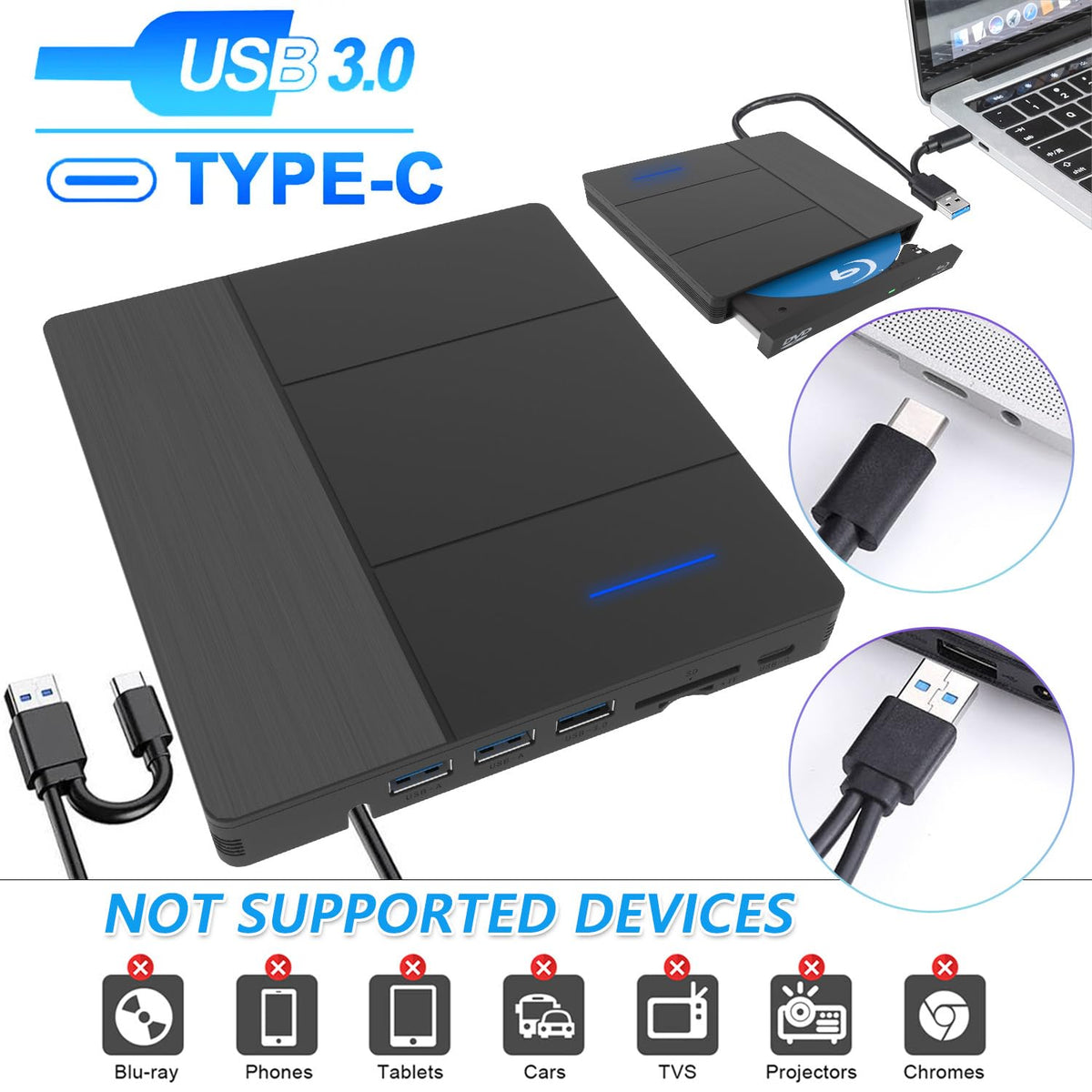 External Blu-ray Drive with USB 3.0 Type-C Portable Blu Ray Drive Portable 3D CD DVD Burner Optical Bluray Drive for Laptop PC Desktop Windows 11 10 Mac OS