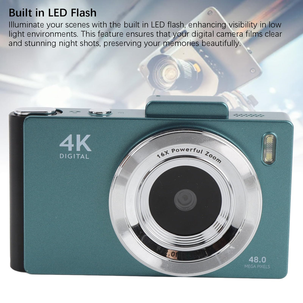 4K Digital Camera, 48MP UHD 2.8 Inch Screen Digital Zoom 16x Front and Rear Camera with Auto Focus, with LED Flash, for Travel Photography (Green)