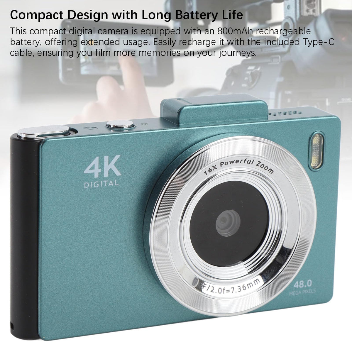 4K Digital Camera, 48MP UHD 2.8 Inch Screen Digital Zoom 16x Front and Rear Camera with Auto Focus, with LED Flash, for Travel Photography (Green)