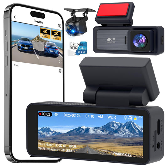 4K Dash Cam, Dash Cam Front and Rear W/ 5GHz WiFi & APP Control 64GB Card