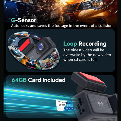 4K Dash Cam, Dash Cam Front and Rear W/ 5GHz WiFi & APP Control 64GB Card