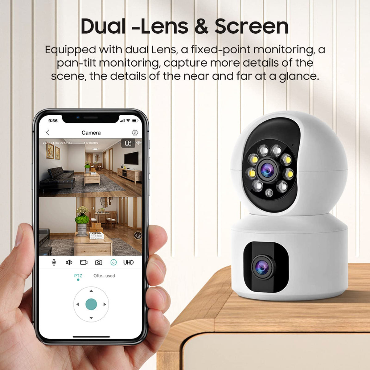 Indoor WiFi Camera, 4MP HD PTZ Smart Home Dual Lens 360° View Security IP Camera with Auto Tracking Motion Detection Color Night Vision