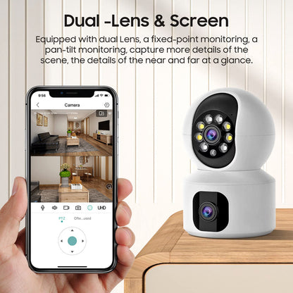 Indoor WiFi Camera, 4MP HD PTZ Smart Home Dual Lens 360° View Security IP Camera with Auto Tracking Motion Detection Color Night Vision