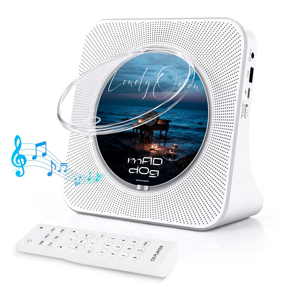 HIFI Portable CD Player, Home Music Bluetooth CD Player/USB Player/FM Radio/Timer, LCD Display, Dust Cover, Vertical Music Player