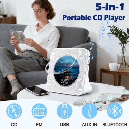 HIFI Portable CD Player, Home Music Bluetooth CD Player/USB Player/FM Radio/Timer, LCD Display, Dust Cover, Vertical Music Player