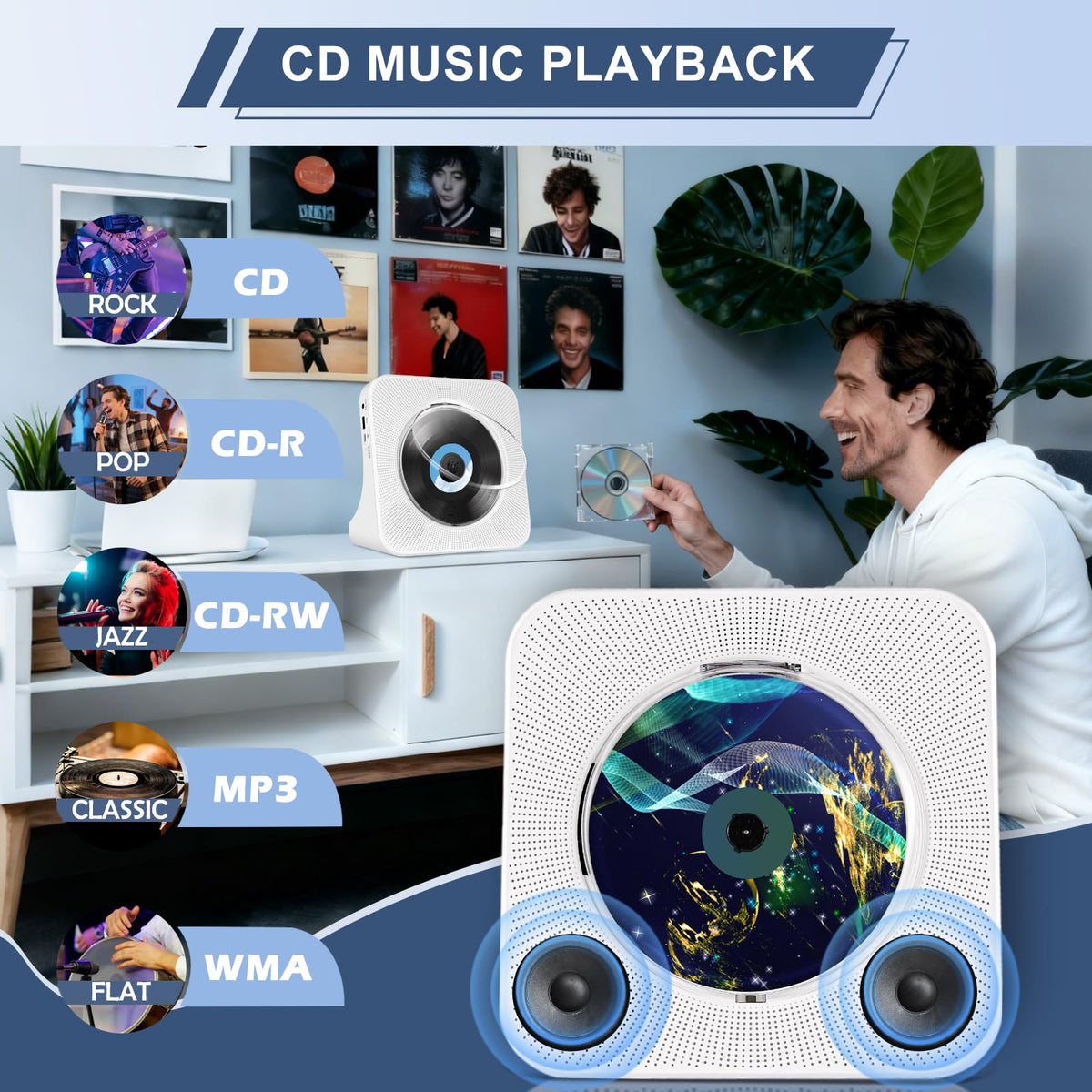 HIFI Portable CD Player, Home Music Bluetooth CD Player/USB Player/FM Radio/Timer, LCD Display, Dust Cover, Vertical Music Player