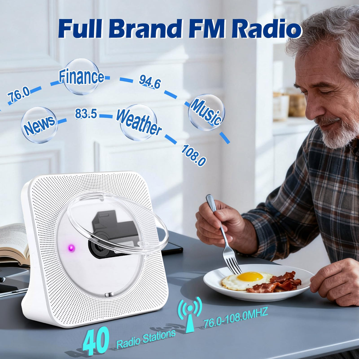 HIFI Portable CD Player, Home Music Bluetooth CD Player/USB Player/FM Radio/Timer, LCD Display, Dust Cover, Vertical Music Player