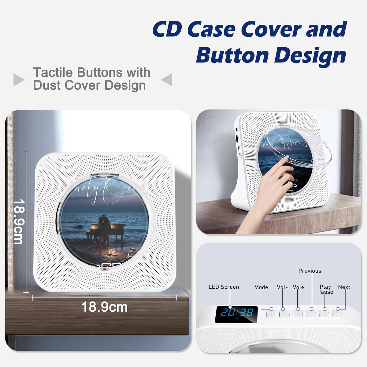 HIFI Portable CD Player, Home Music Bluetooth CD Player/USB Player/FM Radio/Timer, LCD Display, Dust Cover, Vertical Music Player