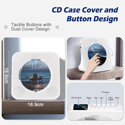 HIFI Portable CD Player, Home Music Bluetooth CD Player/USB Player/FM Radio/Timer, LCD Display, Dust Cover, Vertical Music Player