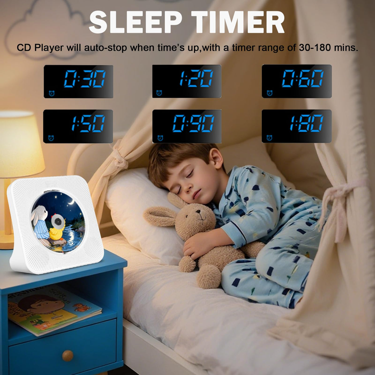HIFI Portable CD Player, Home Music Bluetooth CD Player/USB Player/FM Radio/Timer, LCD Display, Dust Cover, Vertical Music Player