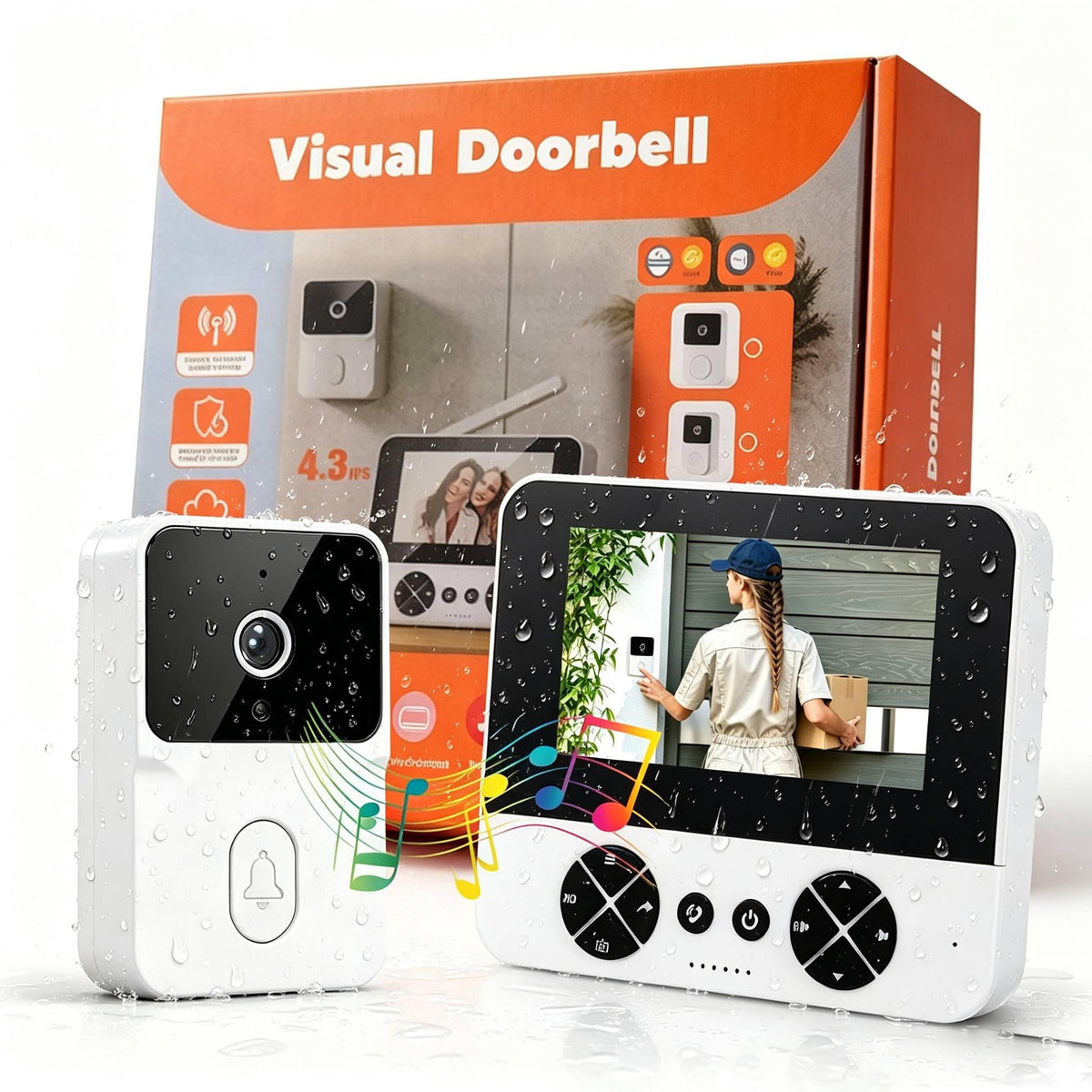 Doorbell with Camera Screen 4.3 Inches, Wide Angle 80°, Outdoor Wireless Doorbell Waterproof 1080p HD, Wireless Infrared Night Video Door Phone, Two-Way Audio, IP65, No WiFi or APP