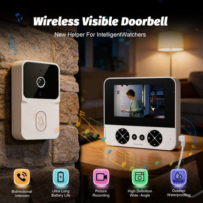 Doorbell with Camera Screen 4.3 Inches, Wide Angle 80°, Outdoor Wireless Doorbell Waterproof 1080p HD, Wireless Infrared Night Video Door Phone, Two-Way Audio, IP65, No WiFi or APP