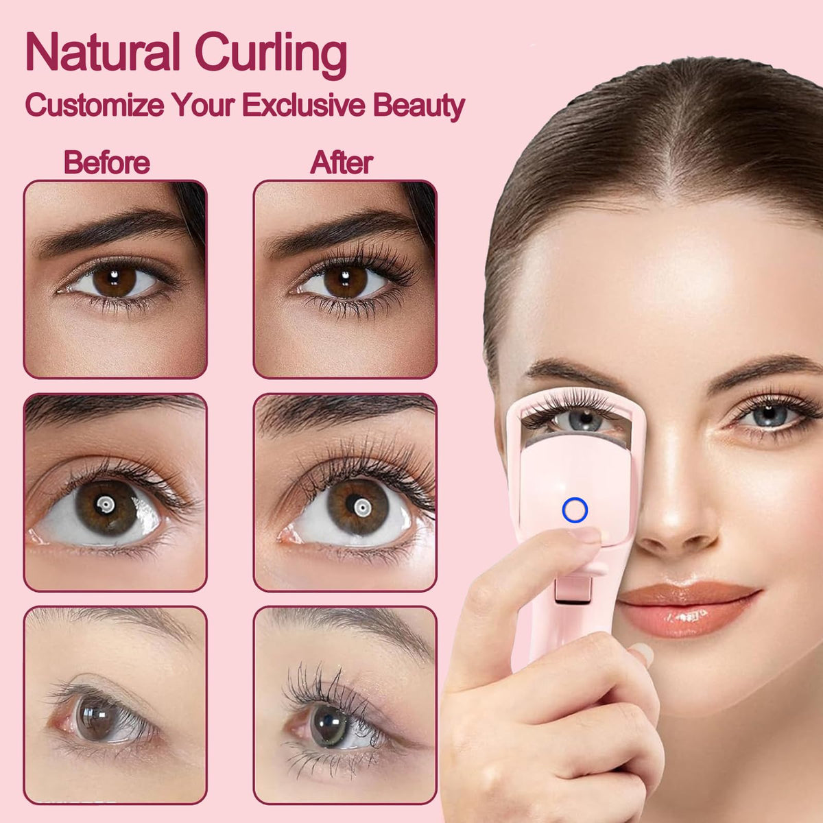 Heated Eyelash Curlers, Electric Eyelash Curler 3 Temperature Modes with USB Rechargeable Eyelash Curlers, Heated Lash Curler for Women Natural Eye Lash Curler Makeup Tool (Pink)