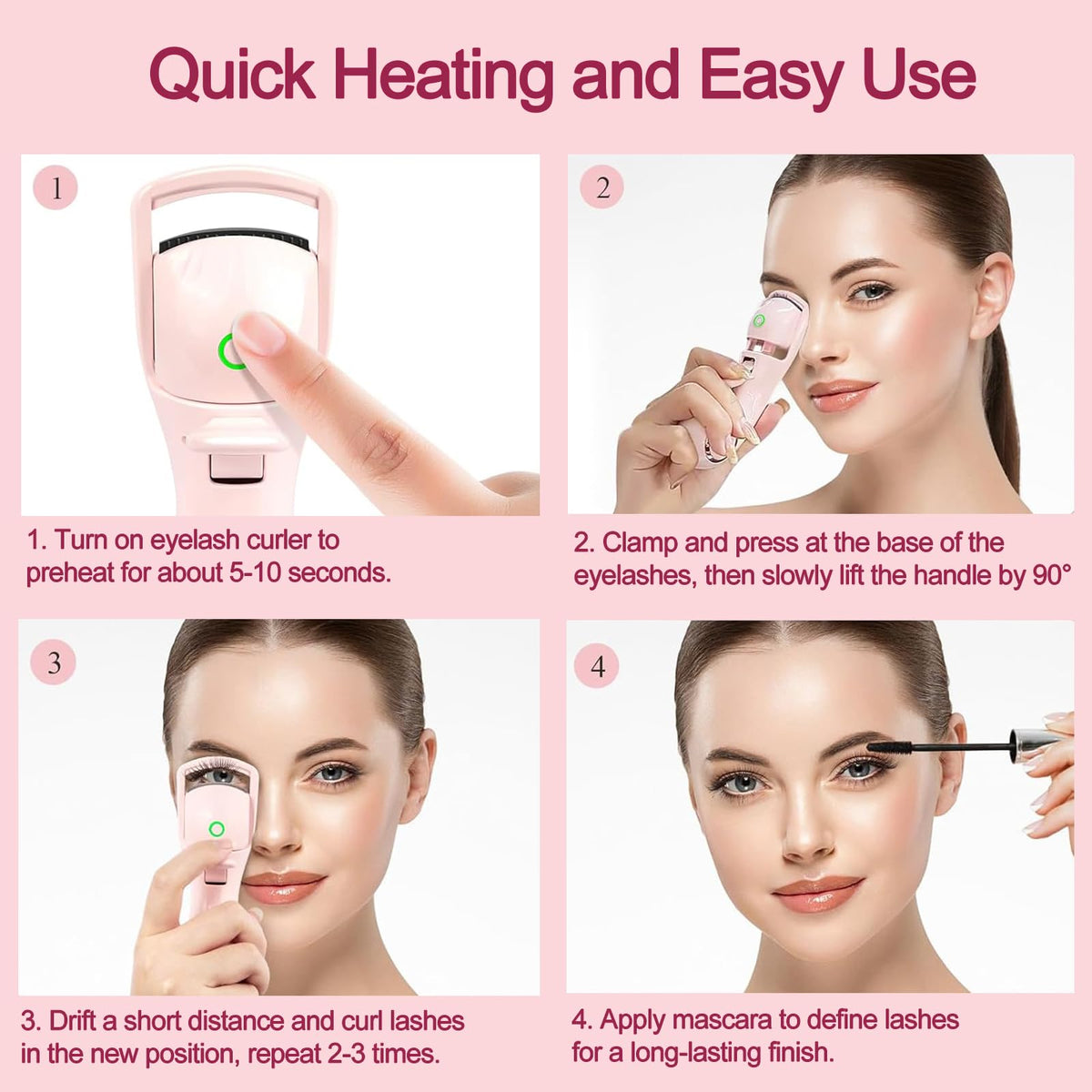 Heated Eyelash Curlers, Electric Eyelash Curler 3 Temperature Modes with USB Rechargeable Eyelash Curlers, Heated Lash Curler for Women Natural Eye Lash Curler Makeup Tool (Pink)