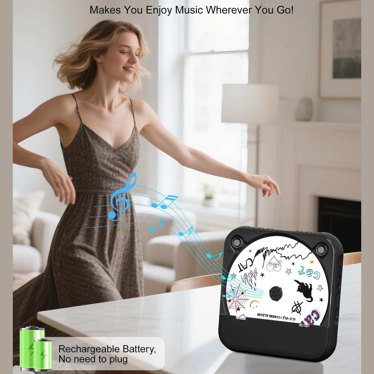 ENVYCLOUD CD Player Portable with Dual Stereo Speakers, Rechargeable Portable CD Player with Bluetooth for Home with Headphones,Black