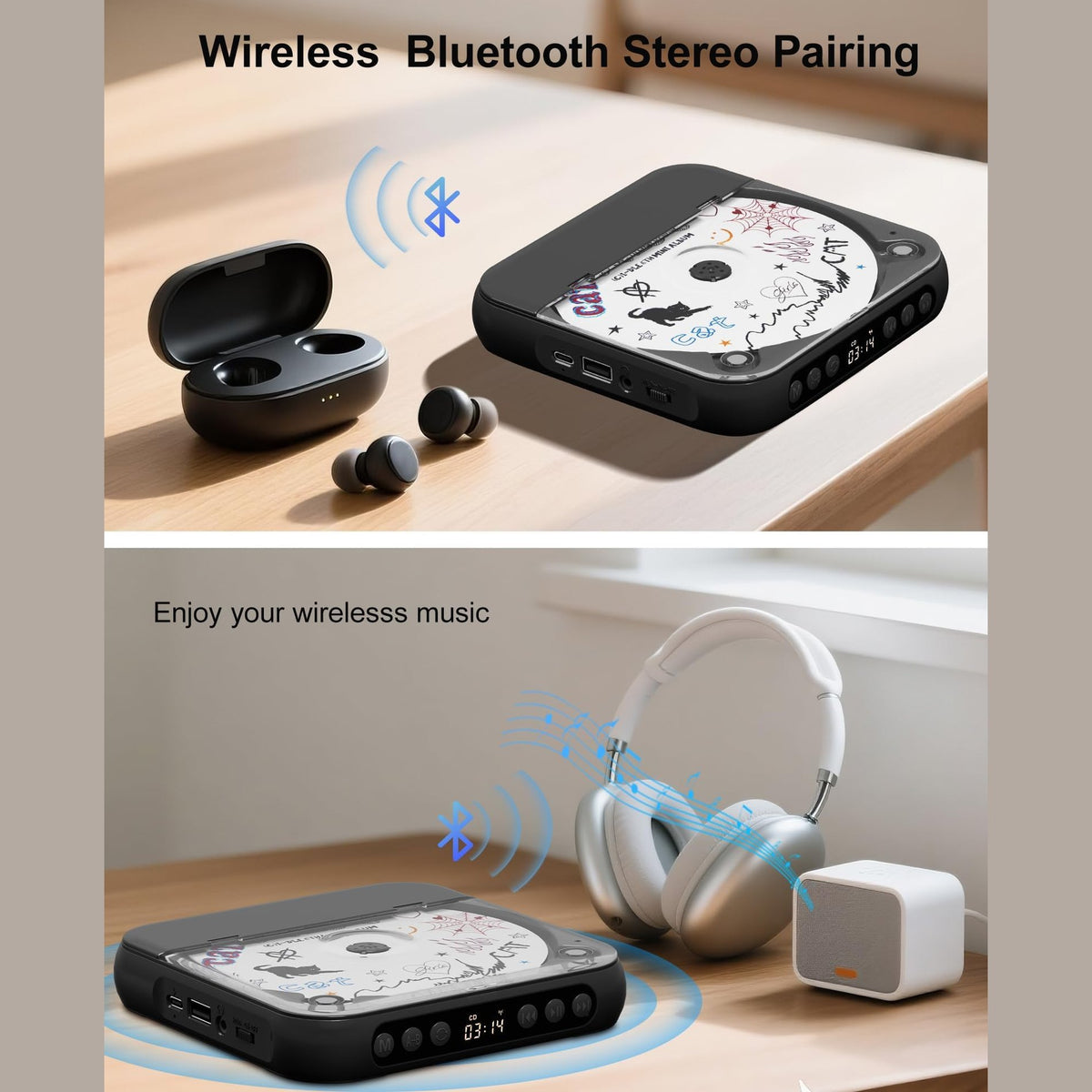 ENVYCLOUD CD Player Portable with Dual Stereo Speakers, Rechargeable Portable CD Player with Bluetooth for Home with Headphones,Black