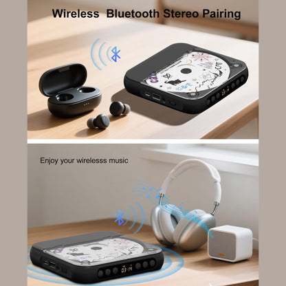 ENVYCLOUD CD Player Portable with Dual Stereo Speakers, Rechargeable Portable CD Player with Bluetooth for Home with Headphones,Black