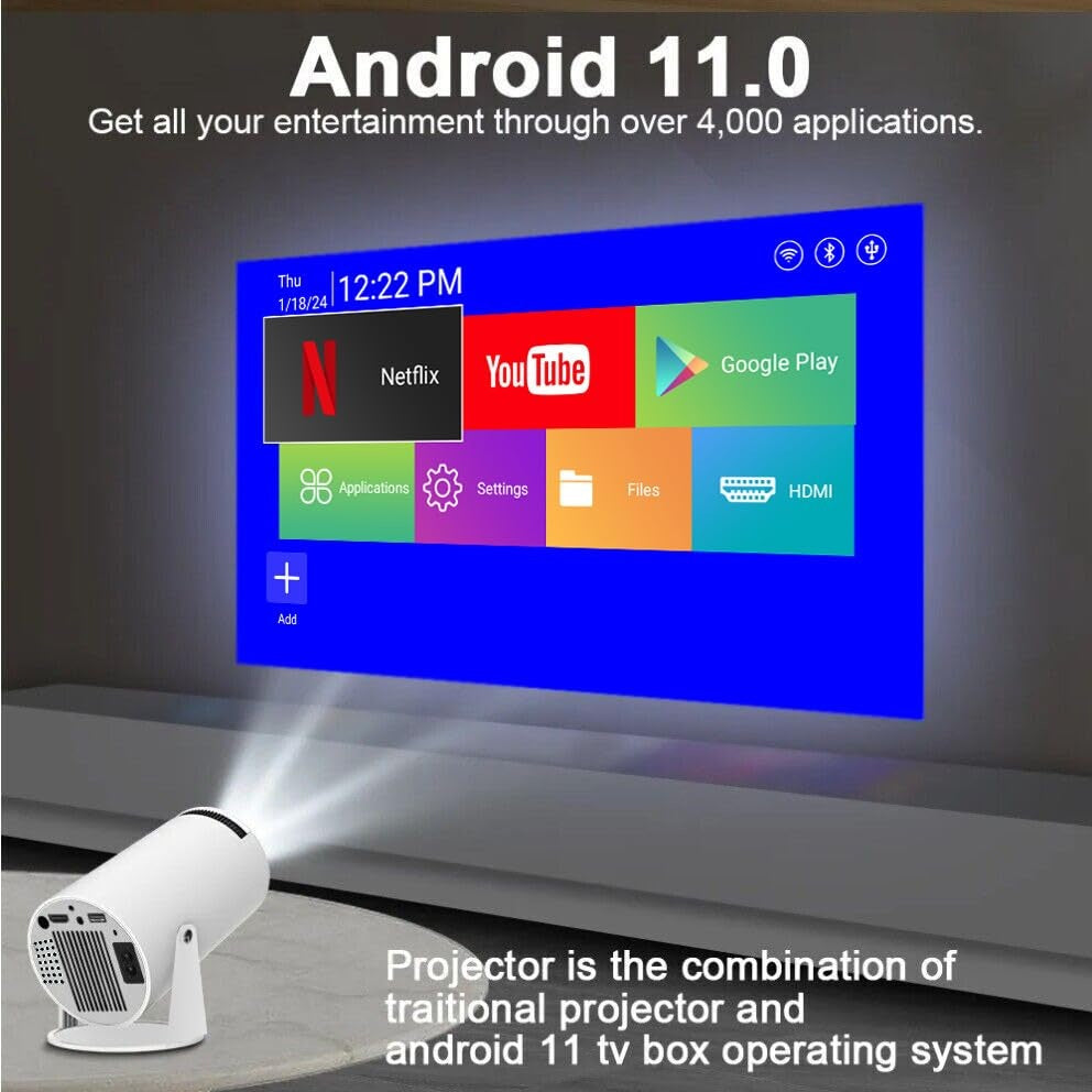 Mini video Projector true 4K support with WiFi and Bluetooth,1080P, Android 11.0 TV OS, Netflix, YouTube, HDMI, USB flash driver,iPhone and Android Phone Compatible