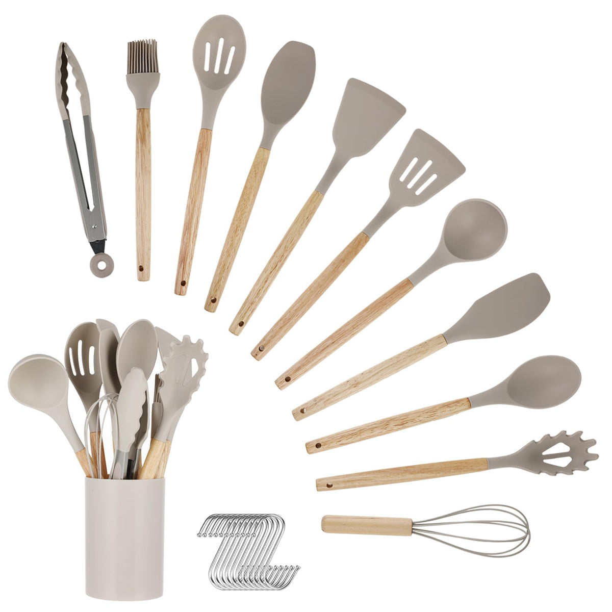 Kitchen Utensil Set, 12 Piece Silicone Utensil Set with Cutlery Box and Wooden Handles, Heat Resistant, Non-Stick, Dishwasher Safe (Khaki)