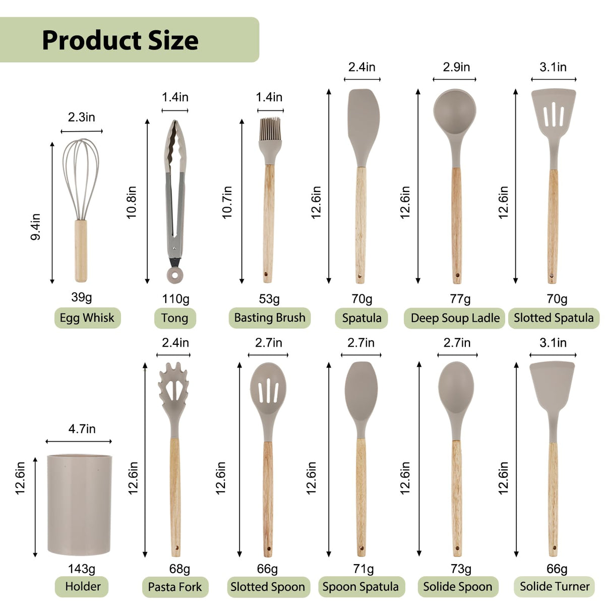 Kitchen Utensil Set, 12 Piece Silicone Utensil Set with Cutlery Box and Wooden Handles, Heat Resistant, Non-Stick, Dishwasher Safe (Khaki)