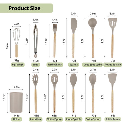 Kitchen Utensil Set, 12 Piece Silicone Utensil Set with Cutlery Box and Wooden Handles, Heat Resistant, Non-Stick, Dishwasher Safe (Khaki)