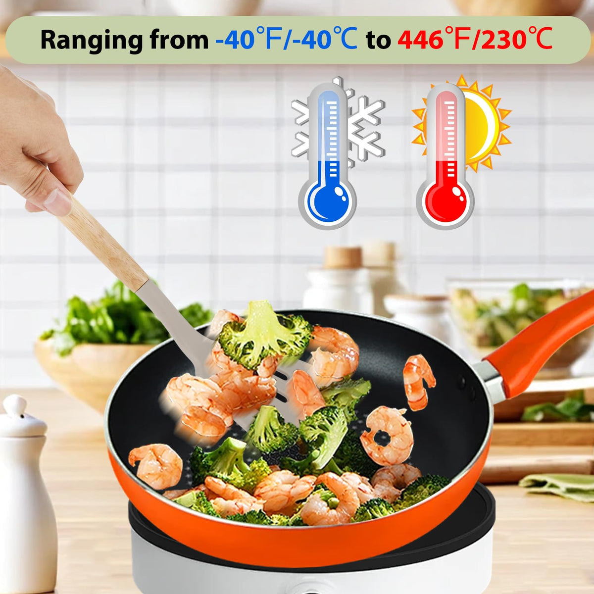 Kitchen Utensil Set, 12 Piece Silicone Utensil Set with Cutlery Box and Wooden Handles, Heat Resistant, Non-Stick, Dishwasher Safe (Khaki)