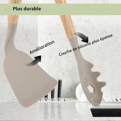 Kitchen Utensil Set, 12 Piece Silicone Utensil Set with Cutlery Box and Wooden Handles, Heat Resistant, Non-Stick, Dishwasher Safe (Khaki)