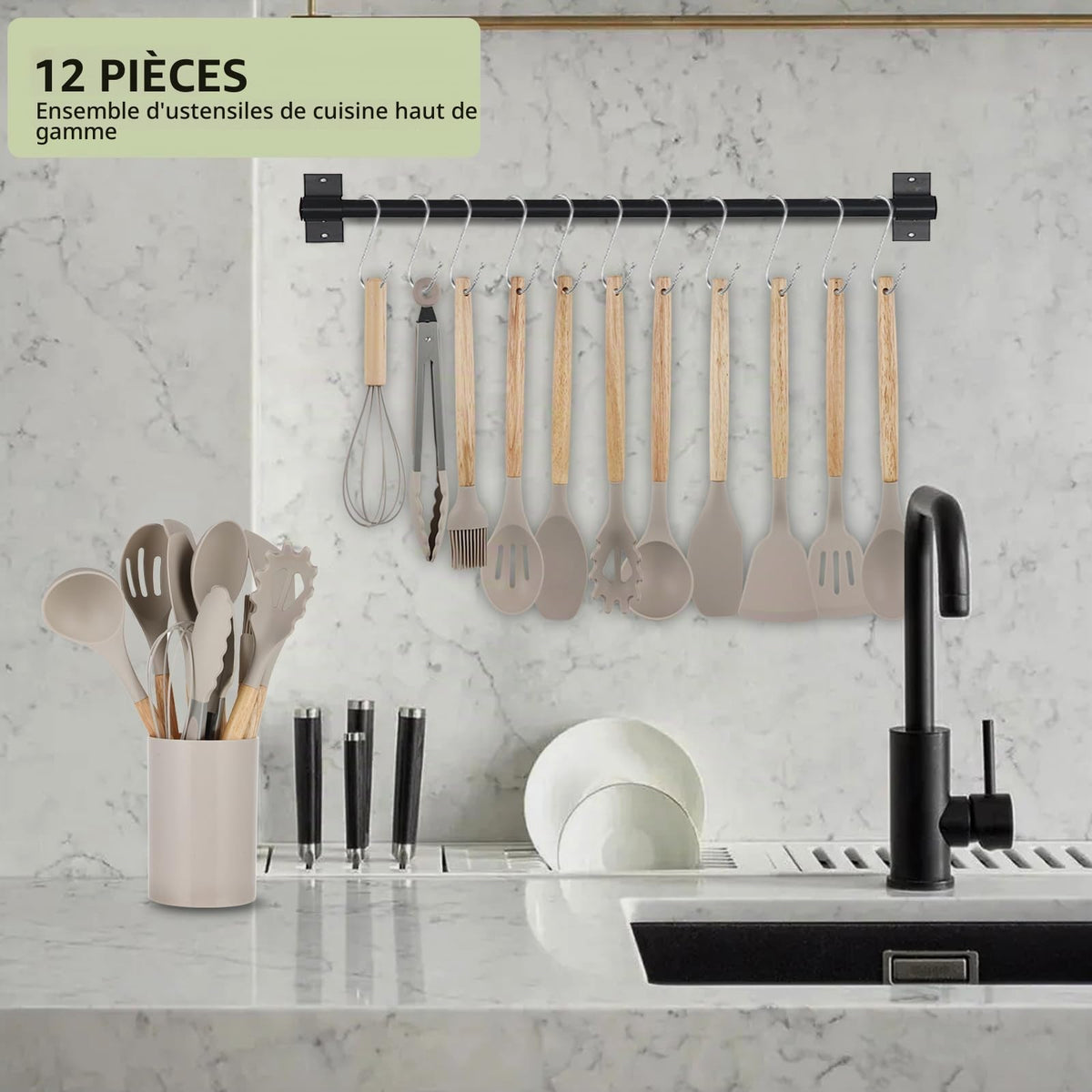 Kitchen Utensil Set, 12 Piece Silicone Utensil Set with Cutlery Box and Wooden Handles, Heat Resistant, Non-Stick, Dishwasher Safe (Khaki)