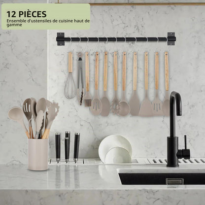 Kitchen Utensil Set, 12 Piece Silicone Utensil Set with Cutlery Box and Wooden Handles, Heat Resistant, Non-Stick, Dishwasher Safe (Khaki)
