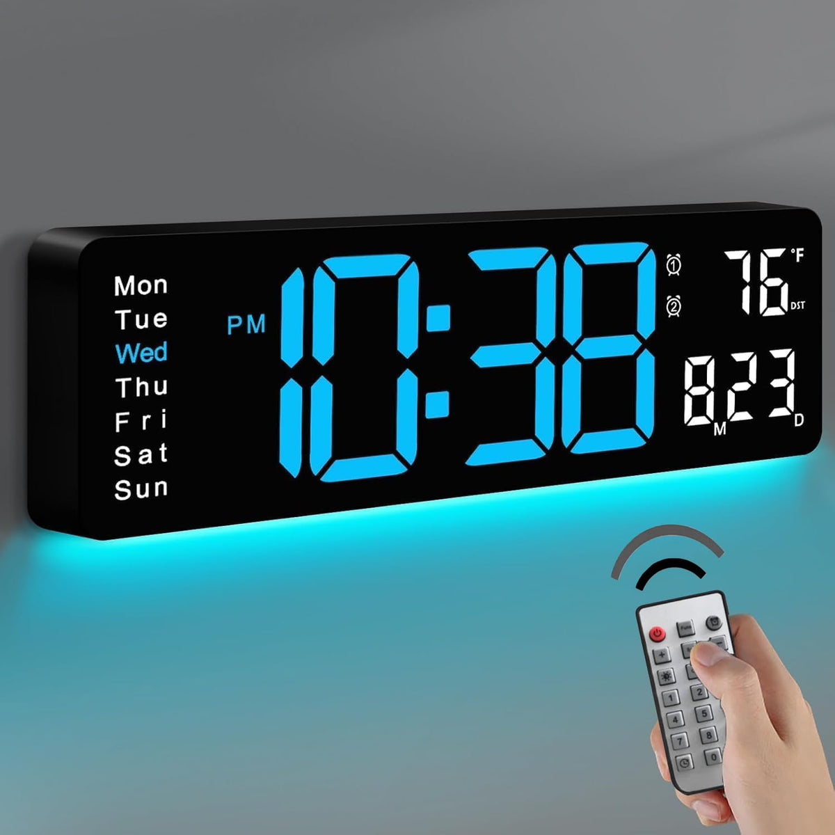 Large LED Digital Wall Clock 16.5” with Auto Brightness, RGB Backlight, Dual Alarm, Temp & Humidity Display, LED Alarm Clock with Date & Week, Remote Control, for Living Room, Kitchen, Gym & Office