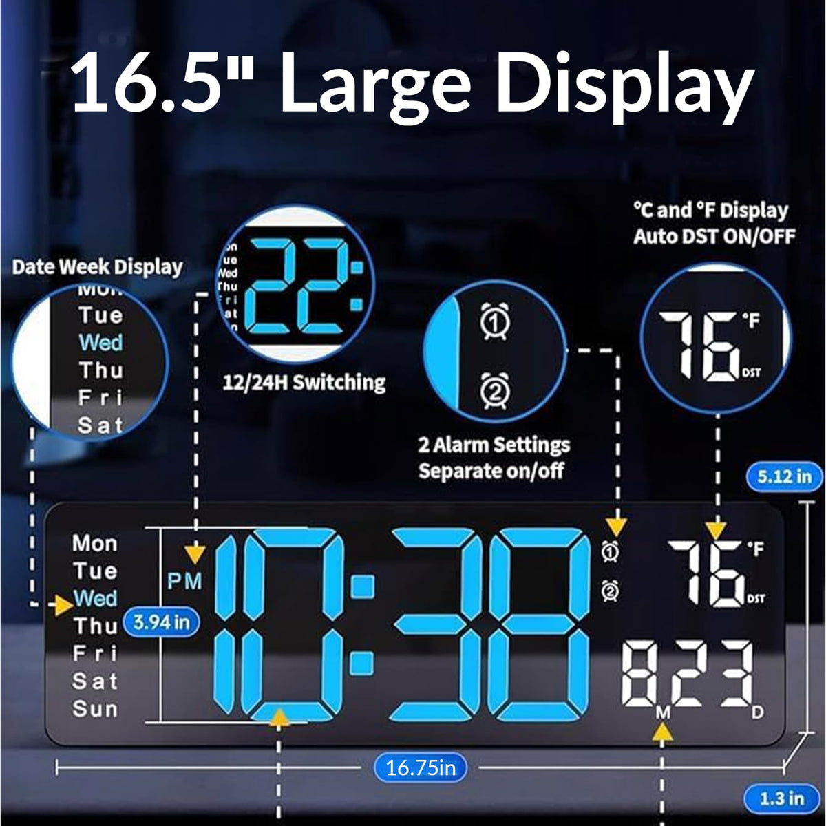 Large LED Digital Wall Clock 16.5” with Auto Brightness, RGB Backlight, Dual Alarm, Temp & Humidity Display, LED Alarm Clock with Date & Week, Remote Control, for Living Room, Kitchen, Gym & Office