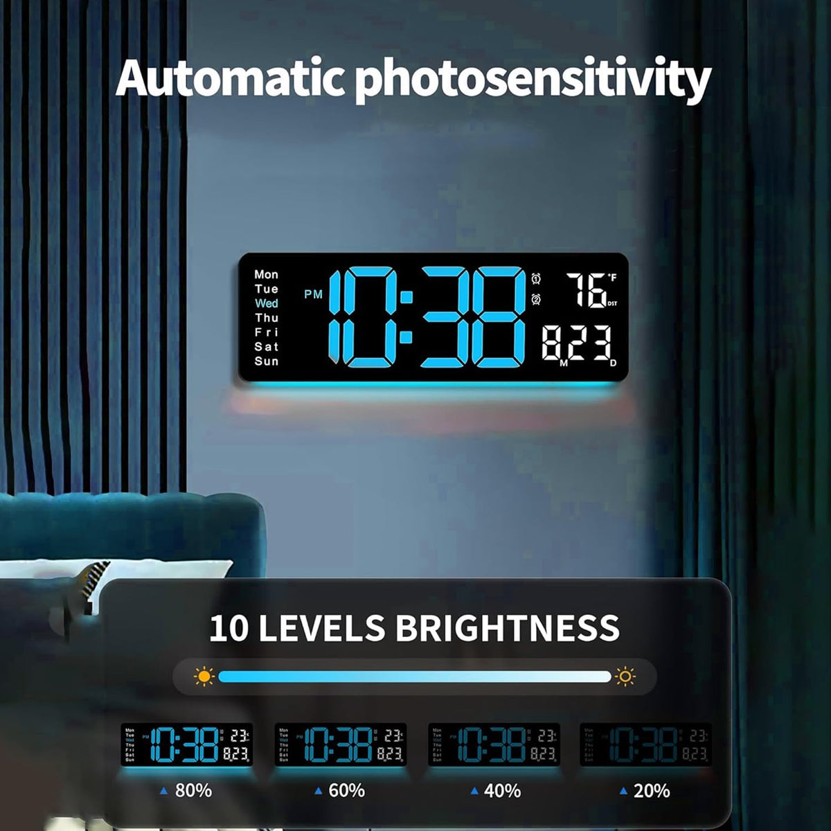 Large LED Digital Wall Clock 16.5” with Auto Brightness, RGB Backlight, Dual Alarm, Temp & Humidity Display, LED Alarm Clock with Date & Week, Remote Control, for Living Room, Kitchen, Gym & Office