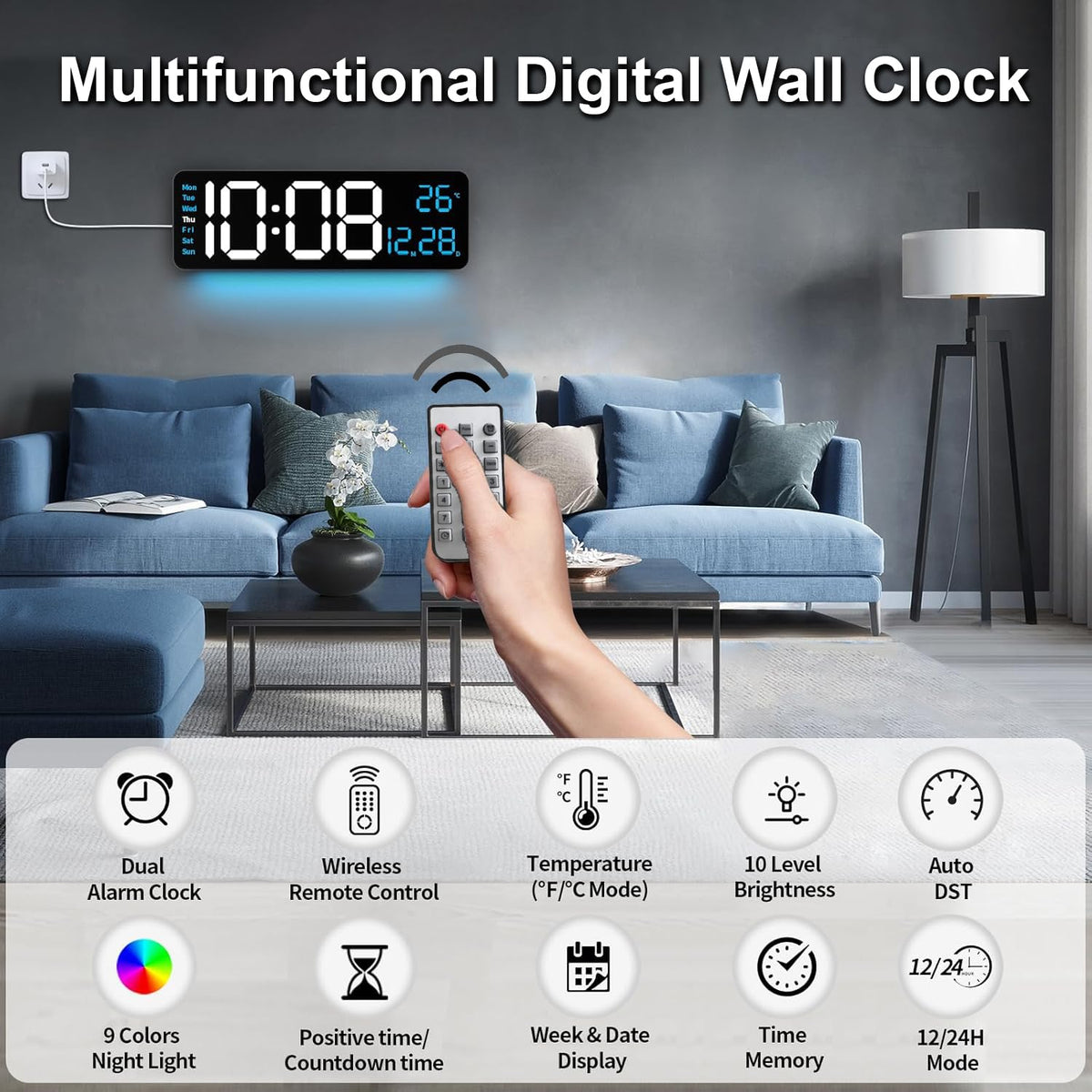 Large LED Digital Wall Clock 16.5” with Auto Brightness, RGB Backlight, Dual Alarm, Temp & Humidity Display, LED Alarm Clock with Date & Week, Remote Control, for Living Room, Kitchen, Gym & Office