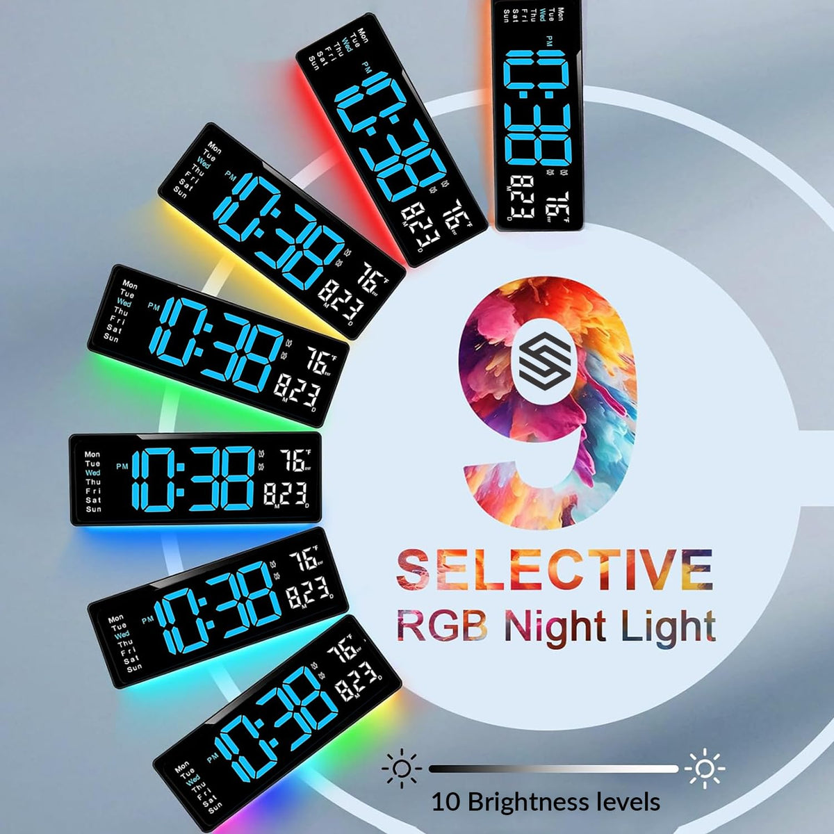 Large LED Digital Wall Clock 16.5” with Auto Brightness, RGB Backlight, Dual Alarm, Temp & Humidity Display, LED Alarm Clock with Date & Week, Remote Control, for Living Room, Kitchen, Gym & Office