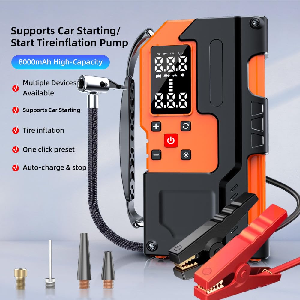 Multifunctional Professional 8000 MAh Digital Powerbank Car Battery Charger Jump Starter Cable and with Tire Inflator Air Pump
