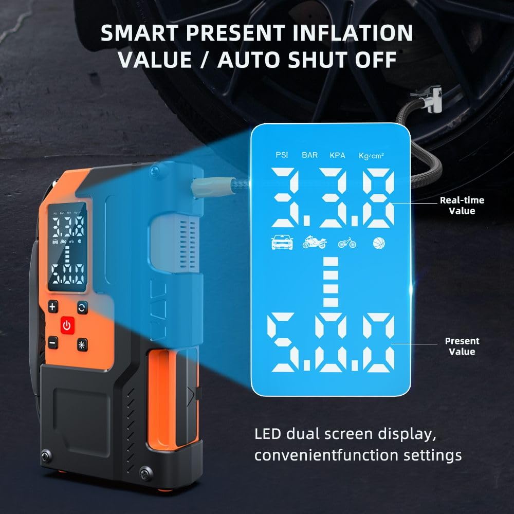 Multifunctional Professional 8000 MAh Digital Powerbank Car Battery Charger Jump Starter Cable and with Tire Inflator Air Pump