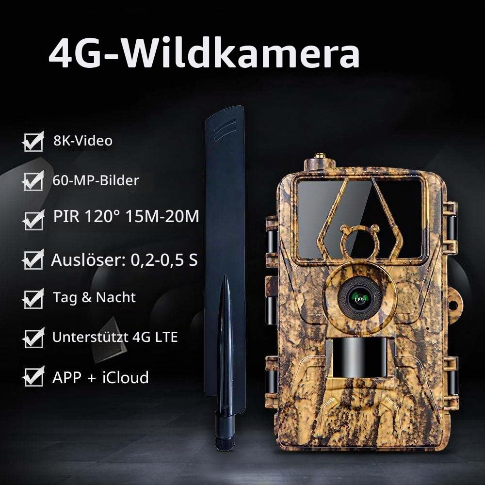 4G LTE Wildlife Camera with Mobile Phone Transfer App, 60MP 8K Wildlife Camera with Motion Sensor Night Vision with SIM Card 120° Wide Angle IP66 Waterproof with 2.4