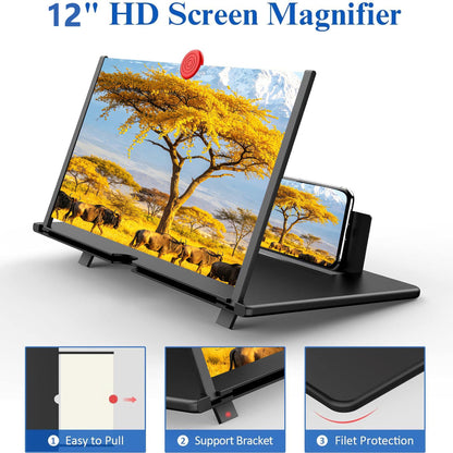 12" 3D HD Mobile Phone Magnifier Projector Screen for Movies, Videos, and Gaming - Foldable Phone Stand with Screen Amplifier - Supports All Smartphones (Black)