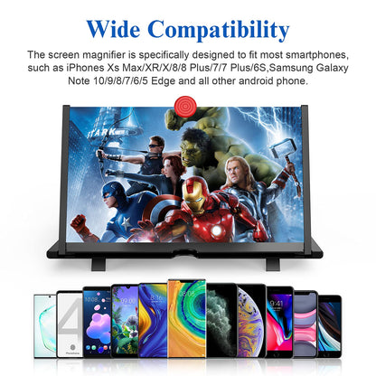 12" 3D HD Mobile Phone Magnifier Projector Screen for Movies, Videos, and Gaming - Foldable Phone Stand with Screen Amplifier - Supports All Smartphones (Black)