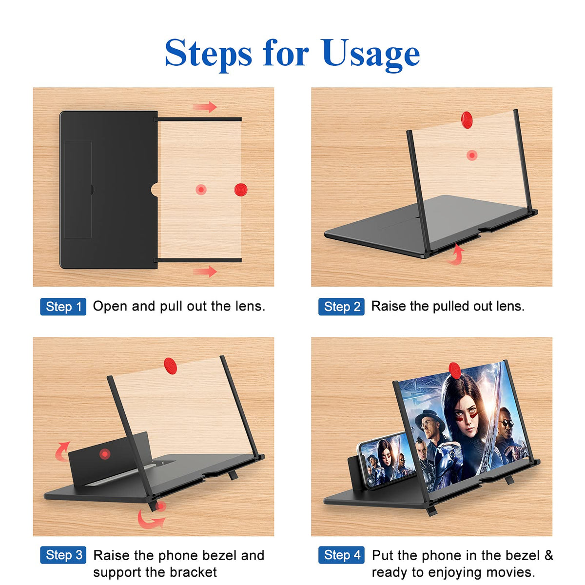 12" 3D HD Mobile Phone Magnifier Projector Screen for Movies, Videos, and Gaming - Foldable Phone Stand with Screen Amplifier - Supports All Smartphones (Black)