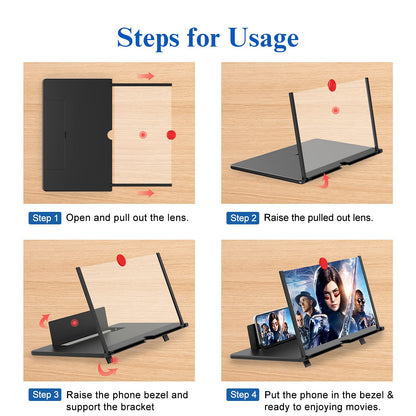 12" 3D HD Mobile Phone Magnifier Projector Screen for Movies, Videos, and Gaming - Foldable Phone Stand with Screen Amplifier - Supports All Smartphones (Black)