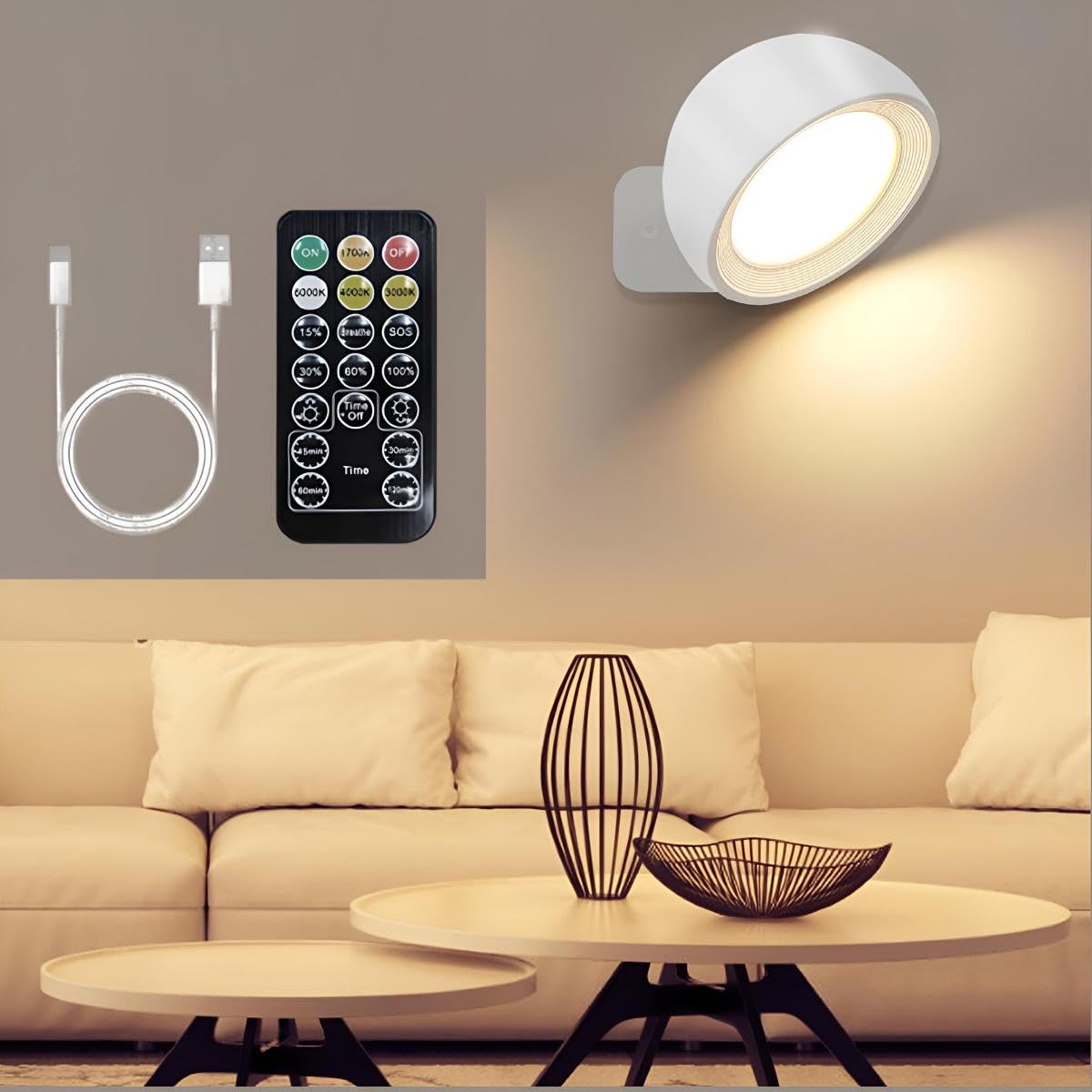 LED Wall Light Indoor 1 Piece Wall Lamp Wall Lights without Power Connection 4 Brightness Levels 3 Colour Modes Bedside Lamp Battery