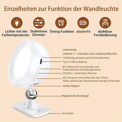 LED Wall Light Indoor 1 Piece Wall Lamp Wall Lights without Power Connection 4 Brightness Levels 3 Colour Modes Bedside Lamp Battery